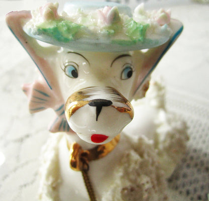 Spaghetti Poodle And Pup Figurines White 1950's 2 Piece Set