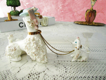 Spaghetti Poodle And Pup Figurines White 1950's 2 Piece Set