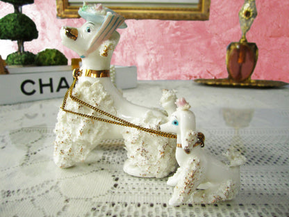 Spaghetti Poodle And Pup Figurines White 1950's 2 Piece Set