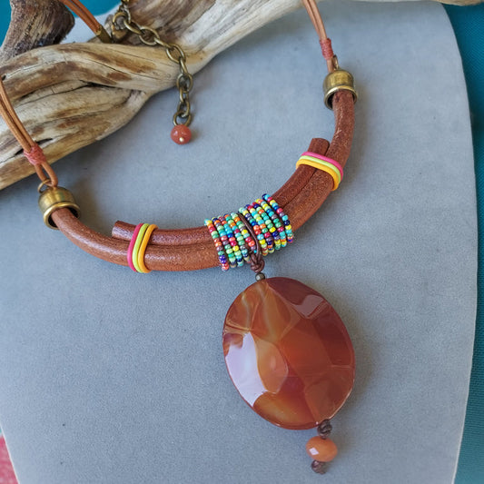 "Stone of Empowerment" Red Agate & Leather Necklace - Artisan Made