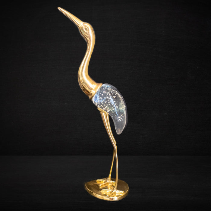 Tall Brass Crane With Blown Murano Glass Sculpture Statue