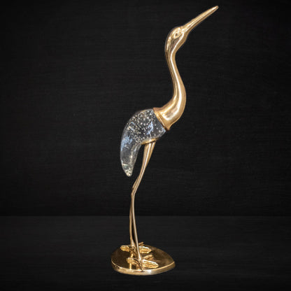 Tall Brass Crane With Blown Murano Glass Sculpture Statue
