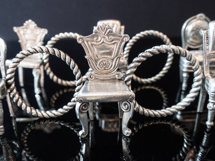 Vintage Napkin Ring Miniature Chairs Pewter Set of 8 Dining And Serving