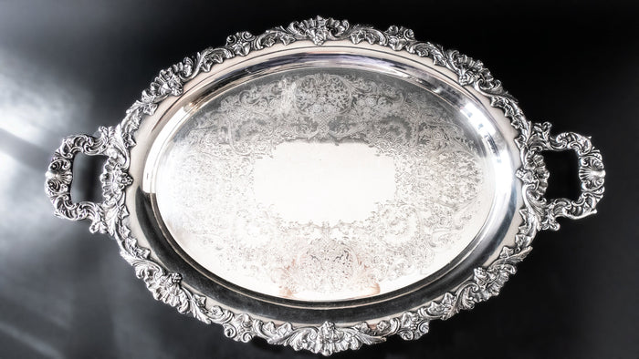 Vintage Ornate Silver Plate Oval Serving Tray English Scroll Webster Wilcox Trays