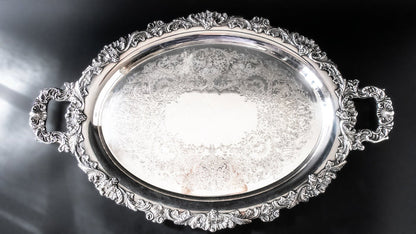 Vintage Ornate Silver Plate Oval Serving Tray English Scroll Webster Wilcox Trays
