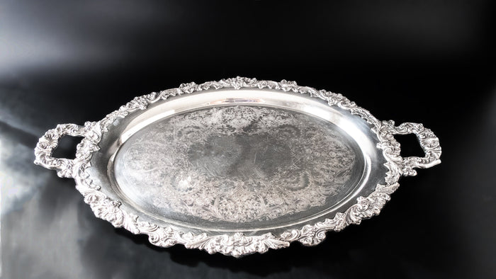 Vintage Ornate Silver Plate Oval Serving Tray English Scroll Webster Wilcox Trays