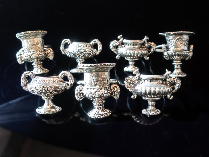 Vintage Pewter Napkin Rings Miniature Grecian Urns Chalices Set of 7 Dining And Serving