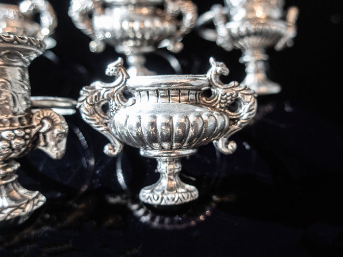 Vintage Pewter Napkin Rings Miniature Grecian Urns Chalices Set of 7 Dining And Serving