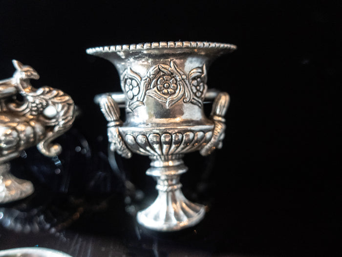 Vintage Pewter Napkin Rings Miniature Grecian Urns Chalices Set of 7 Dining And Serving