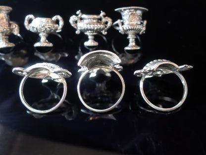 Vintage Pewter Napkin Rings Miniature Grecian Urns Chalices Set of 7 Dining And Serving