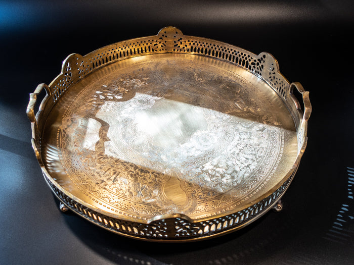 Vintage Round Brass Serving Tray Filigree With Handles And Feet Trays