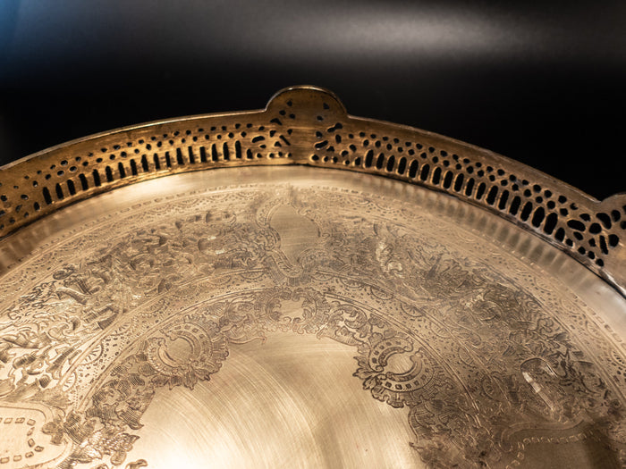 Vintage Round Brass Serving Tray Filigree With Handles And Feet Trays