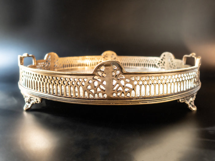 Vintage Round Brass Serving Tray Filigree With Handles And Feet Trays
