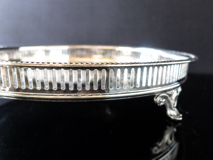 Vintage Round Silver Plate Serving Tray Feet Pierced Rim Gallery Tray Trays