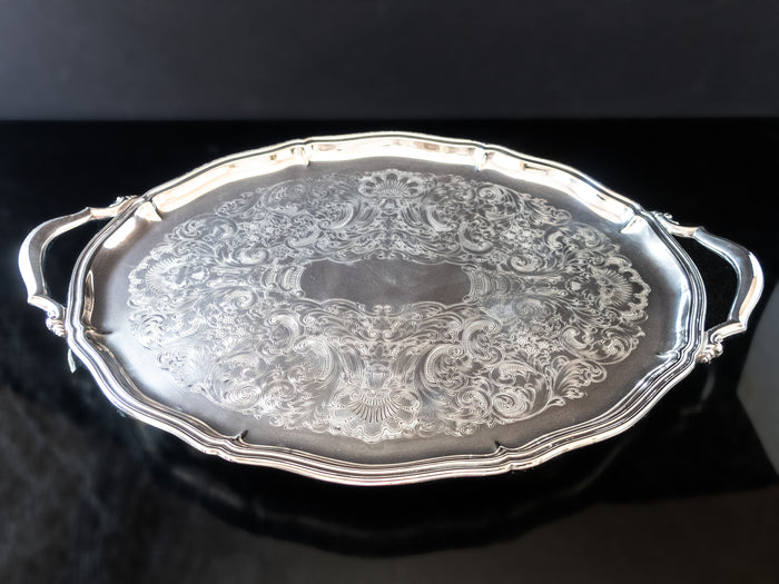 Vintage Silver Plate Chippendale Tray Butler Tray Oval Serving Tray