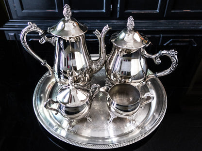 Vintage Silver Plate Coffee Tea Set Service With Round Tray