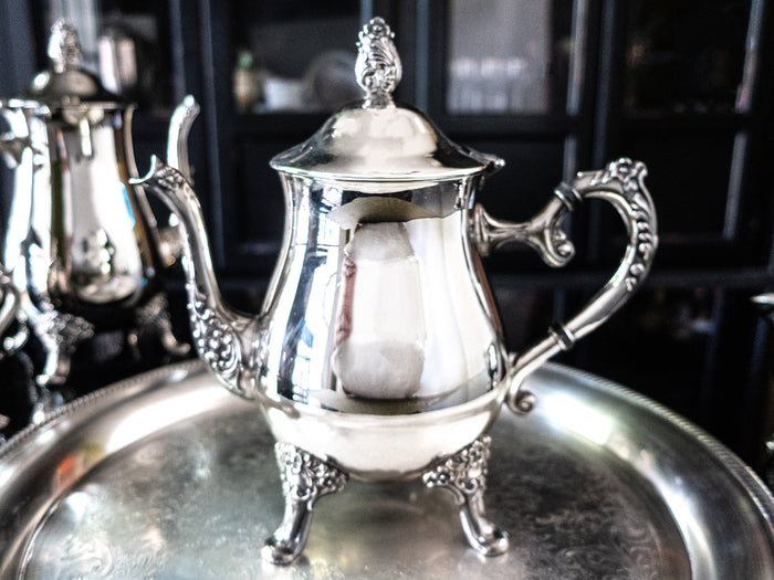 Vintage Silver Plate Coffee Tea Set Service With Round Tray