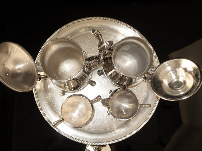 Vintage Silver Plate Coffee Tea Set Service With Round Tray