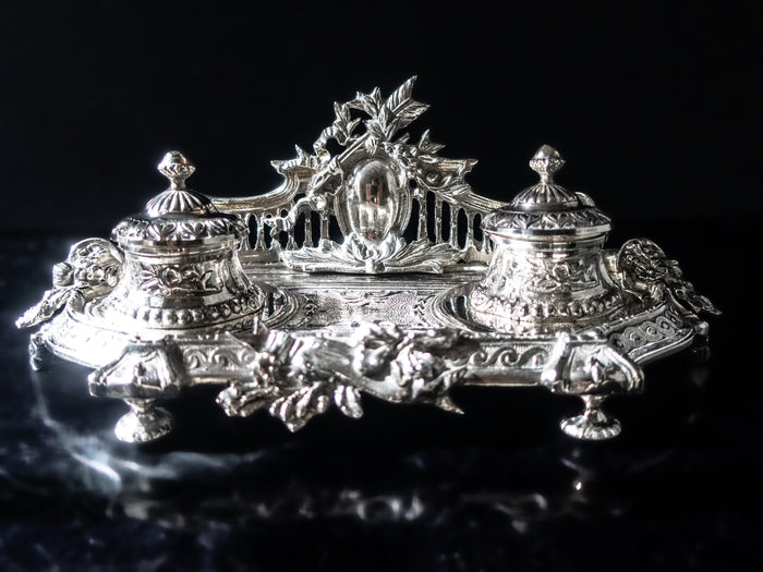 Vintage Silverplate Castilian Imports Double Inkwell