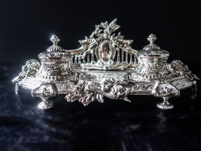 Vintage Silverplate Castilian Imports Double Inkwell