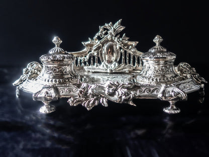 Vintage Silverplate Castilian Imports Double Inkwell