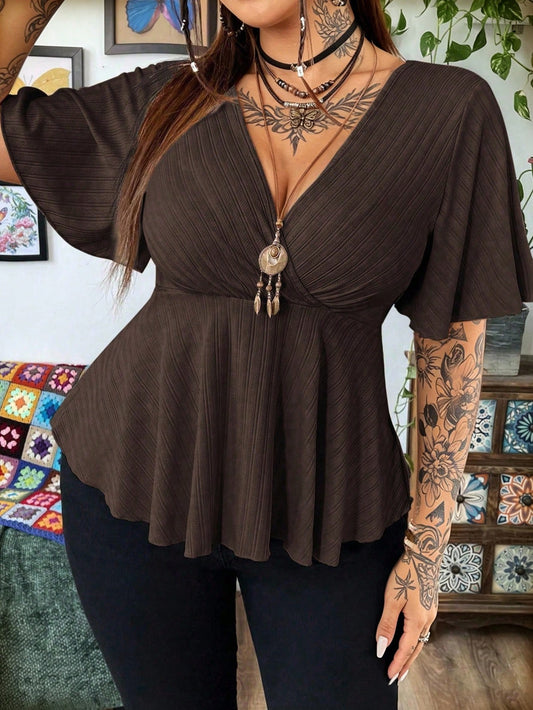 Whyspr Plus Size Summer Casual Solid Color V-Neck Ruffle Sleeve Short Hem T-Shirt
