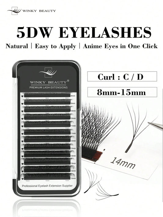 Winky Beauty 12 Rows 5D W-Shape Automatic Fan Mesh False Eyelashes, Quick Bloom Hand-Woven Pre-Made Fan-Shaped Dense Cashmere-Feel Fine Eyelash Clusters, Single Eyelash