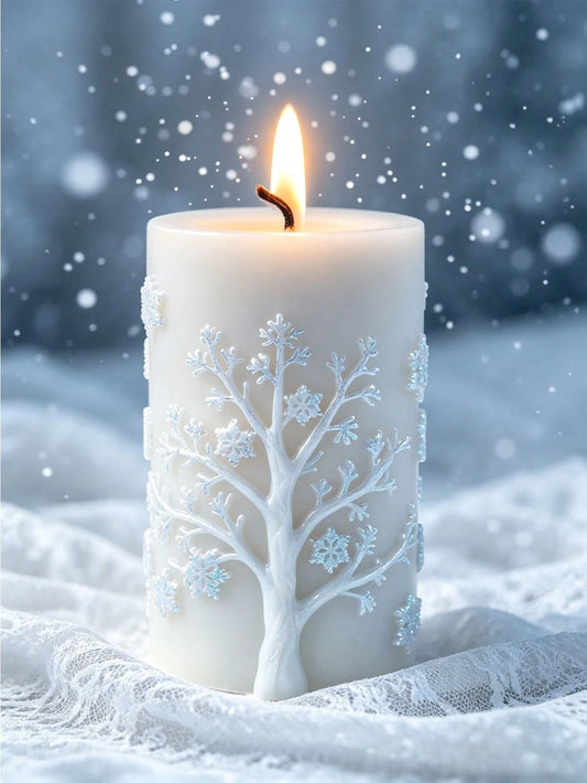 Winter Embossed Snowflake & Withered Tree Cylindrical Silicone Candle Mold, 3D Ice Tree Snowflake Embossed Design, Exquisite Ice-Themed Textured Pattern, Soft Silicone Material Easy To Demold, Suitabl