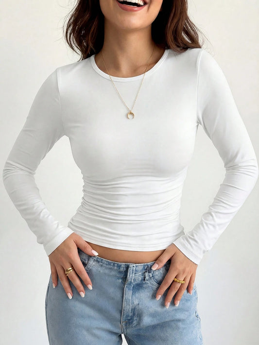 Women's Casual Slim Fit Round Neck Long Sleeve T-Shirt White Spring