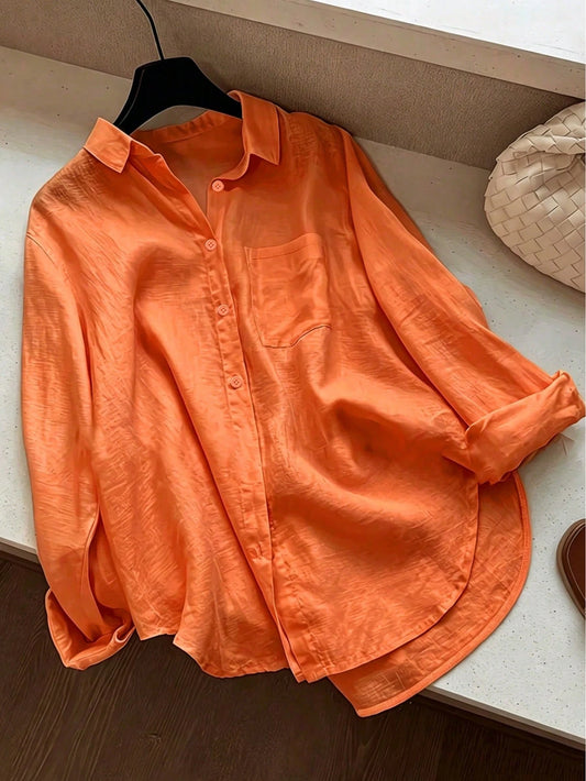 Women's Casual Solid Color Front Button Curved Hem Shirt
