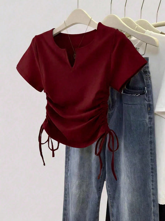 Women's Casual Solid Color Side Drawstring T-Shirt, Summer