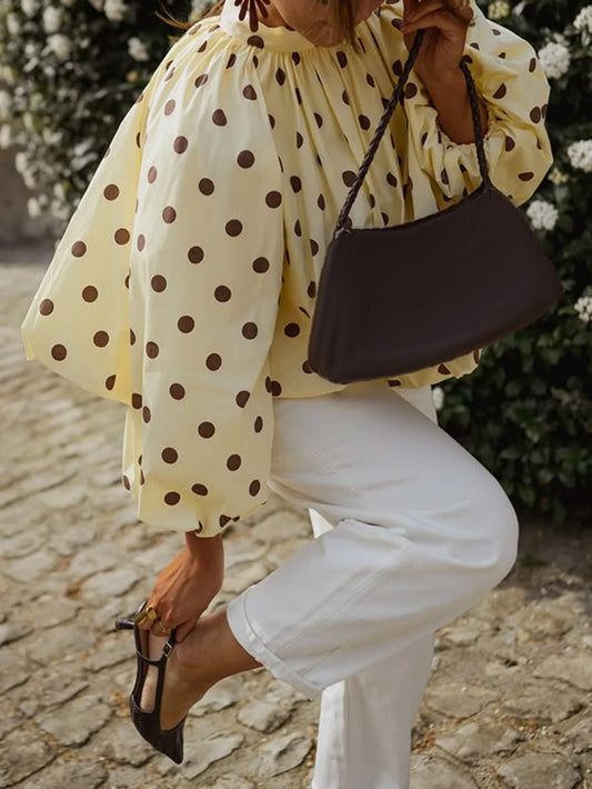 Women's Elegant Casual Polka Dot Blouse- Tie Collar, Lantern Sleeves, Loose Fit, Ruffle Design Vacation Spring Yellow