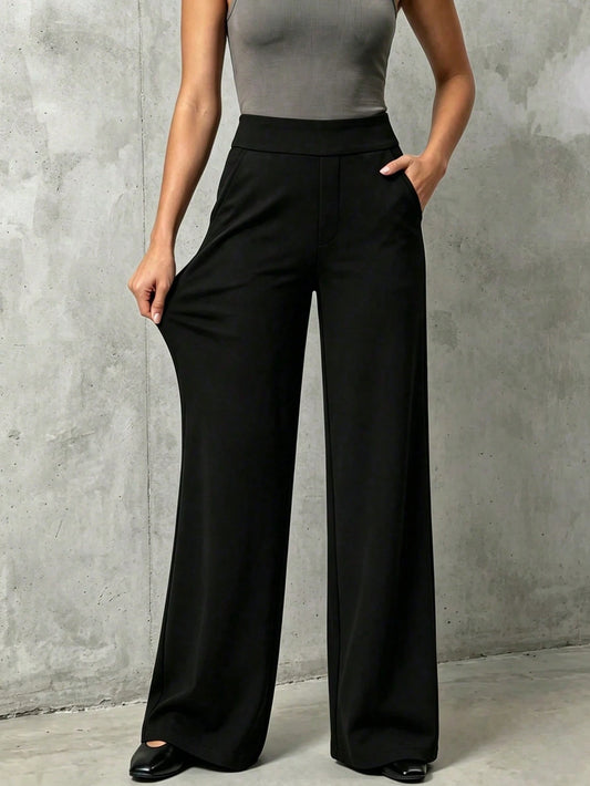 Women's High Waist Draping Wide Leg Pants, Slimming Straight Leg Trousers, Versatile Black Casual/Office Wear Pants, Office Siren