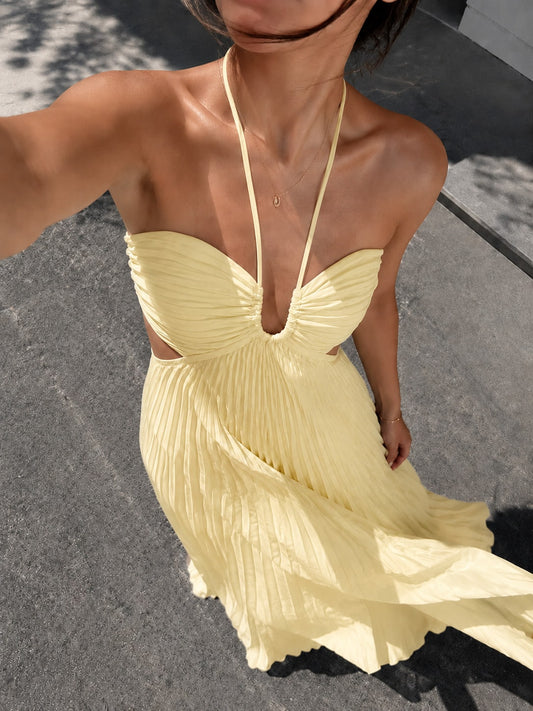 Women's Light Blue Pleated Cami Maxi Dress, Ruched Bust Backless Flowy Summer Dress For Vacation, Beach Resort, Party & Back To School Season