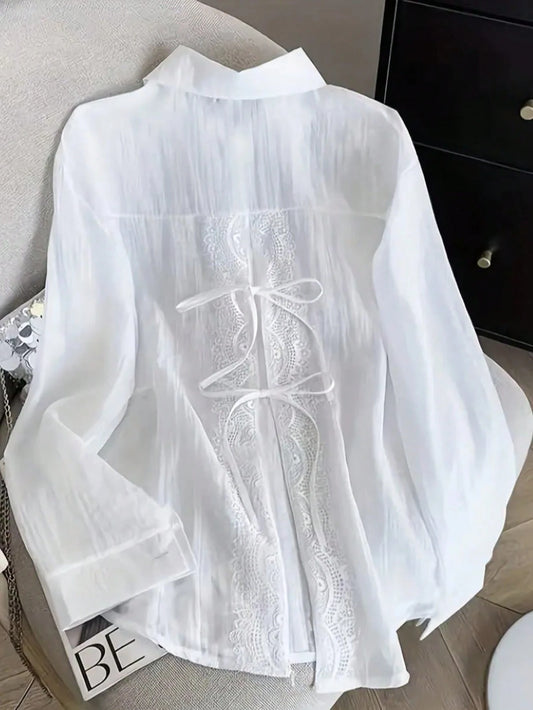 Women's Lightweight Lace Trim Semi-Sheer Layered Blouse, Fashion Designer Cut, Suitable For Spring, Summer, Autumn, Machine Washable White