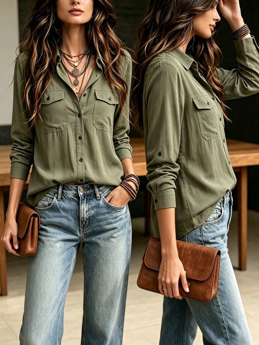 Women's Olive Green Utility Button-Up Shirt, Autumn/Winter New Style, Chest Pocket And Cuffed Sleeves, Loose Long Sleeve Top, Suitable For Back To School, Office, Outdoor