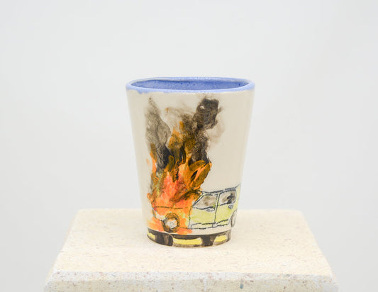Yellow Volvo on Fire Cup - Juice Ceramics