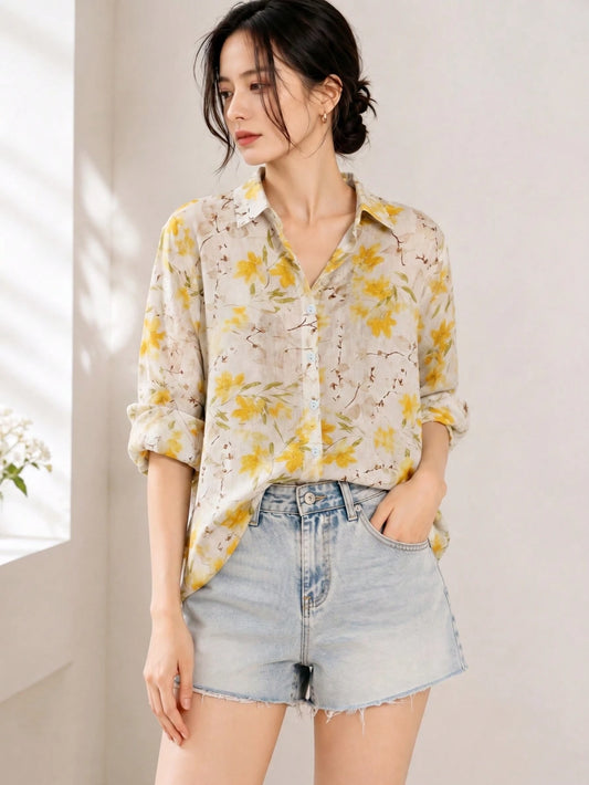 YUXIN Women's French Style Yellow Ditsy Floral Blouse, Collared, 3/4 Sleeve, Suitable For Work Or Vacation, Breathable Fitted Artistic Top Summer