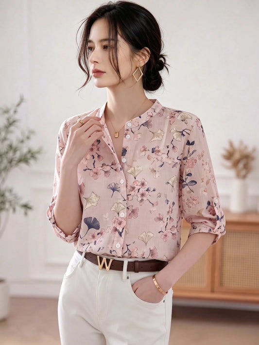 YUXIN Women's Pink Watercolor Floral Print Stand Collar 3/4 Sleeve Blouse, Breathable Blended Fabric Rolled Cuff Slim Fit Top, Suitable For Spring/Summer Office And Vacation